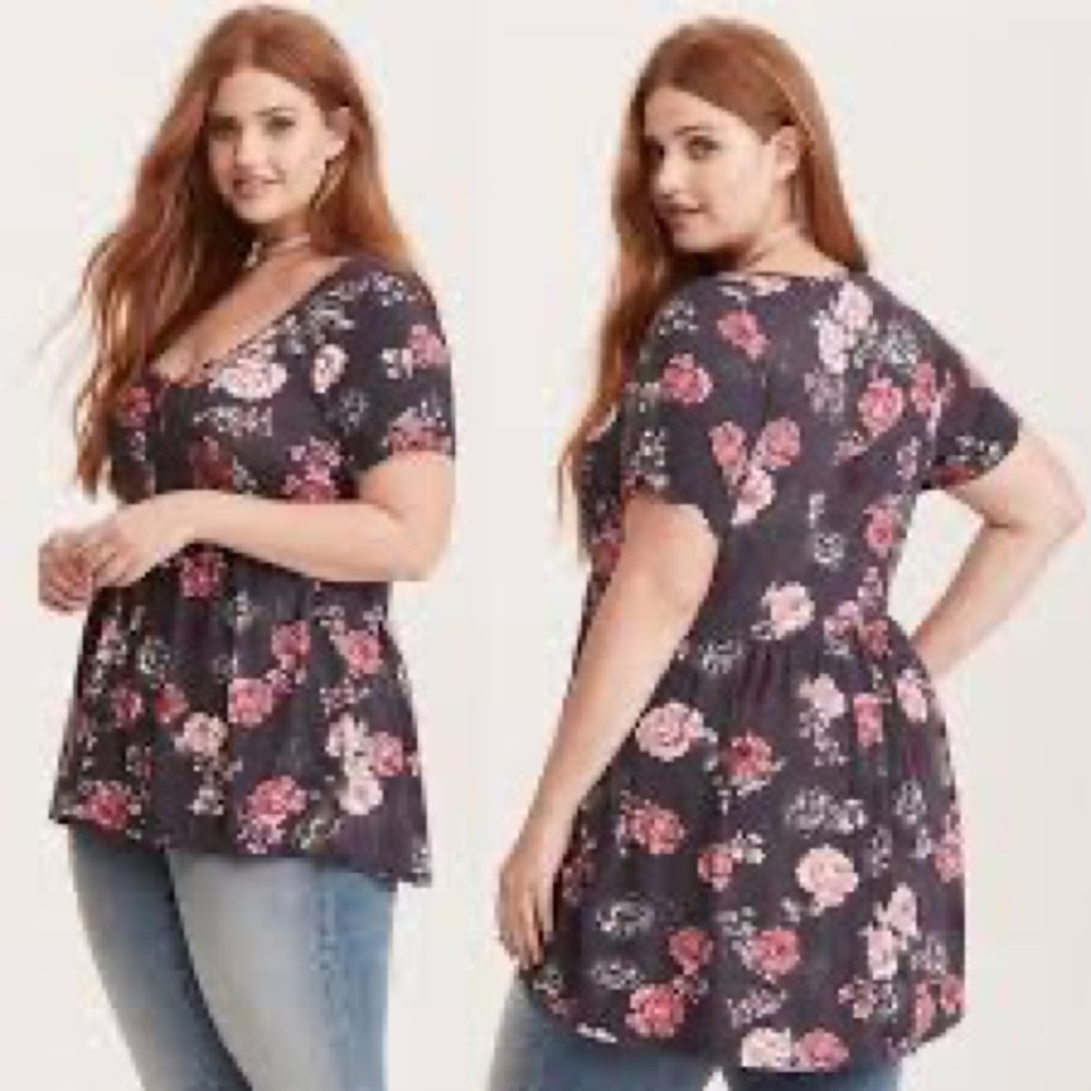 Torrid Ross Print Button Front Babydoll Top floral